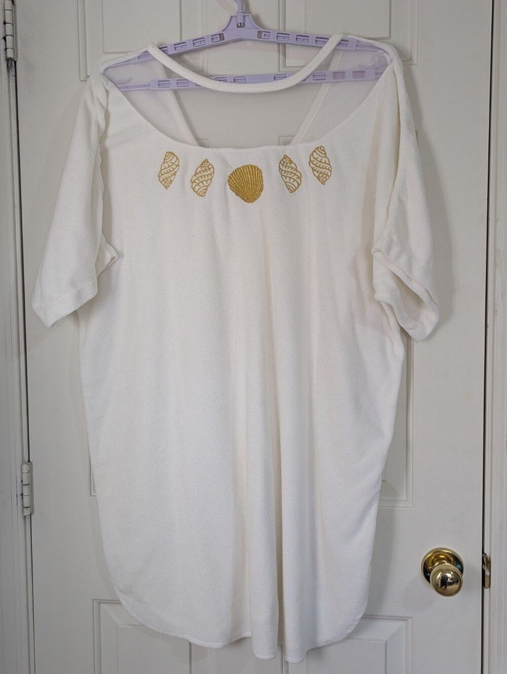 VTG Terry Cloth Swim Cover Up Womens 1X White Embroidered Seashells Resortwear